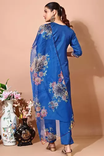 Blue color art silk blend embroidered kurti pant with orgenza digital print dupatta