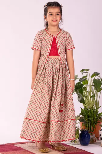 girls' mint green and red lehenga set
