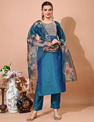 Green color art silk blend embroidered kurti pant with orgenza digital print dupatta 1