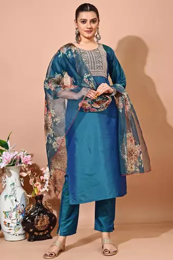 Green color art silk embroidered kurti pant with orgenza digital print dupatta