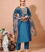 Green color art silk embroidered kurti pant with orgenza digital print dupatta