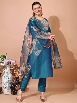 Green color art silk blend embroidered kurti pant with orgenza digital print dupatta 2