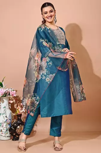 Green color art silk embroidered kurti pant with orgenza digital print dupatta