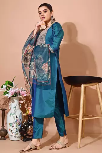 Green color art silk embroidered kurti pant with orgenza digital print dupatta