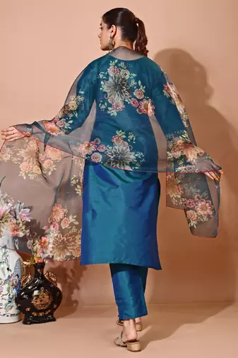 Green color art silk embroidered kurti pant with orgenza digital print dupatta