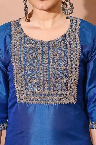 Green color art silk embroidered kurti pant with orgenza digital print dupatta