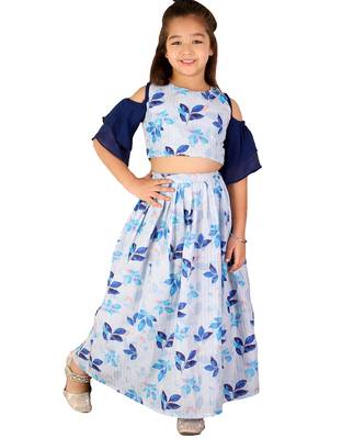 girls' blue sequins floral lehenga set 1