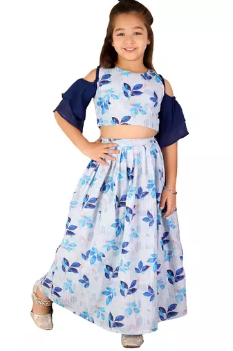 girls' blue sequins floral lehenga set
