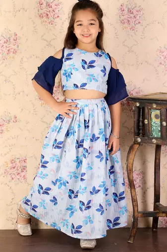 girls' blue sequins floral lehenga set