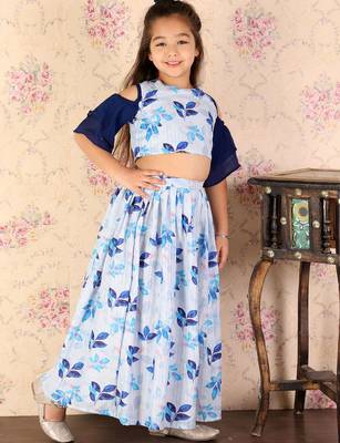 girls' blue sequins floral lehenga set 3