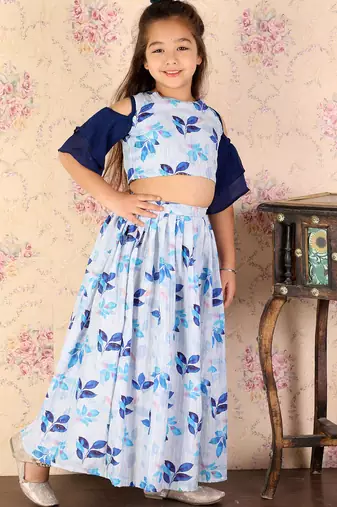 girls' blue sequins floral lehenga set