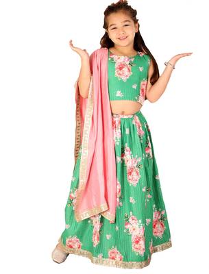 girls' green and pink sequins floral lehenga and dupatta set 1