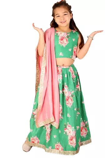 girls' green and pink sequins floral lehenga and dupatta set