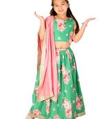 girls' green and pink sequins floral lehenga and dupatta set