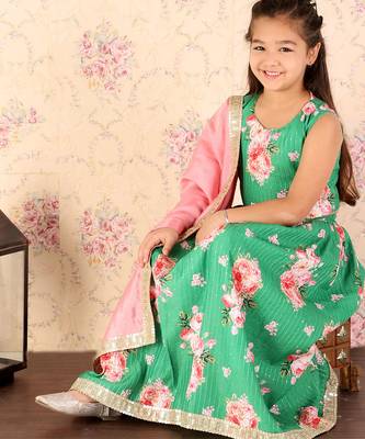 girls' green and pink sequins floral lehenga and dupatta set 2