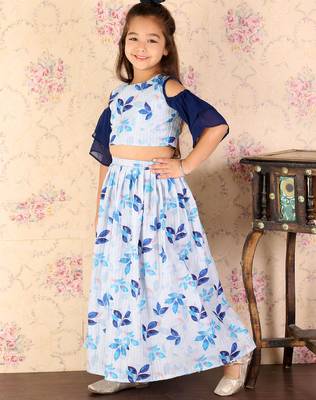 girls' blue sequins floral lehenga set 4