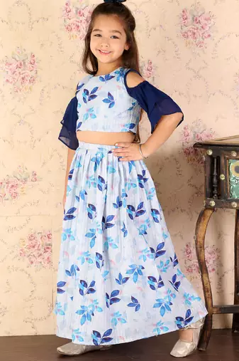girls' blue sequins floral lehenga set