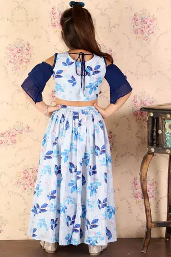 girls' blue sequins floral lehenga set