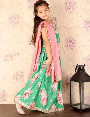 girls' green and pink sequins floral lehenga and dupatta set 3