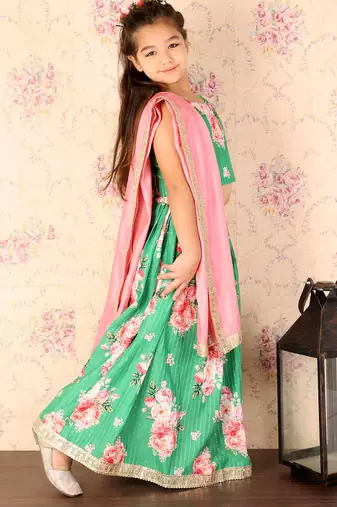 girls' green and pink sequins floral lehenga and dupatta set