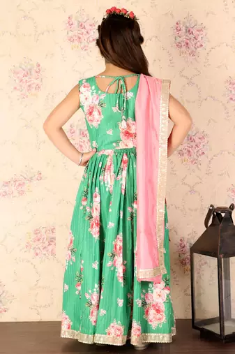 girls' green and pink sequins floral lehenga and dupatta set