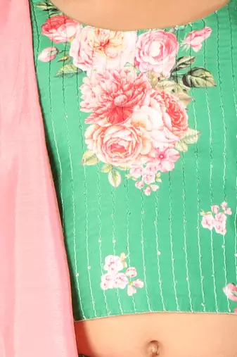 girls' green and pink sequins floral lehenga and dupatta set