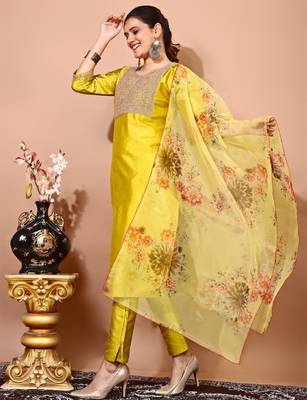 Lemon color art silk blend embroidered kurti pant with orgenza digital print dupatta 1