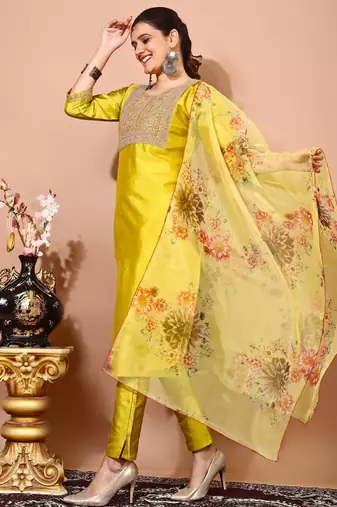 Lemon color art silk embroidered kurti pant with orgenza digital print dupatta