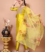 Lemon color art silk embroidered kurti pant with orgenza digital print dupatta