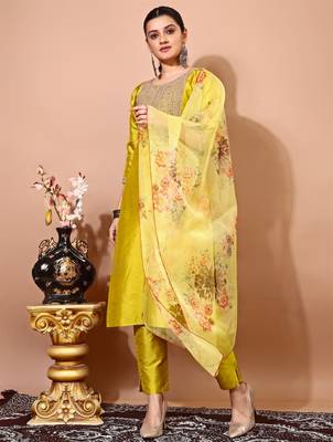 Lemon color art silk blend embroidered kurti pant with orgenza digital print dupatta 2