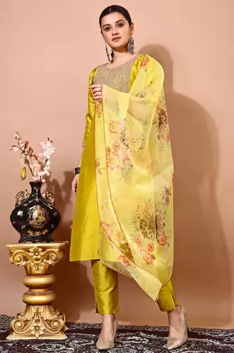 Lemon color art silk blend embroidered kurti pant with orgenza digital print dupatta