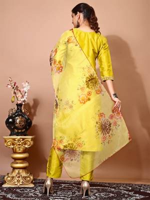 Lemon color art silk blend embroidered kurti pant with orgenza digital print dupatta 3