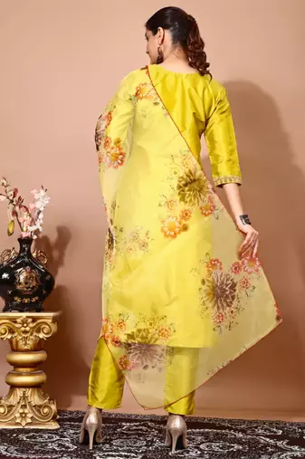 Lemon color art silk blend embroidered kurti pant with orgenza digital print dupatta