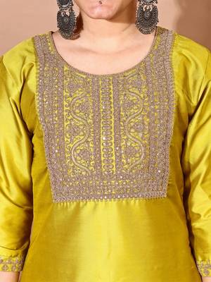 Lemon color art silk blend embroidered kurti pant with orgenza digital print dupatta 4