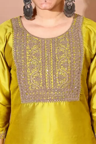 Lemon color art silk blend embroidered kurti pant with orgenza digital print dupatta