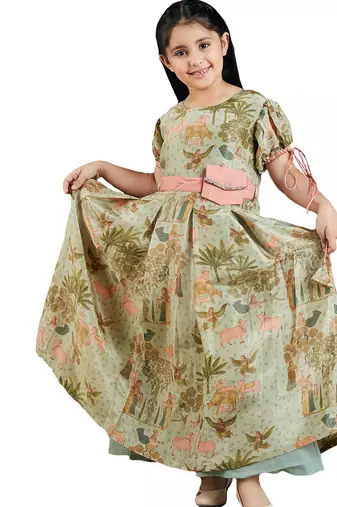 girls'  green base ethnic dress