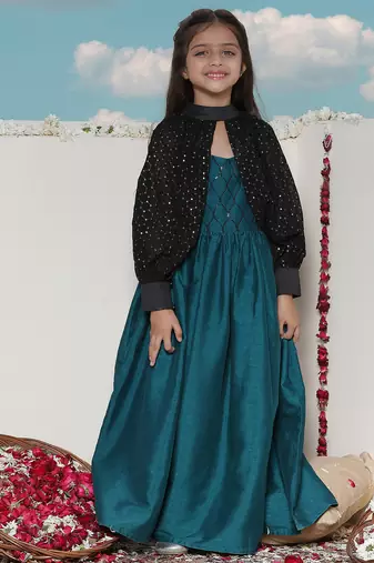girls' green and black ethnic dress
