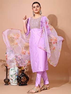 Levender color art silk blend embroidered kurti pant with orgenza digital print dupatta 1