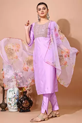 Levender color art silk embroidered kurti pant with orgenza digital print dupatta