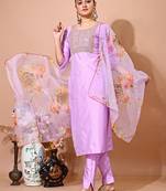 Levender color art silk embroidered kurti pant with orgenza digital print dupatta