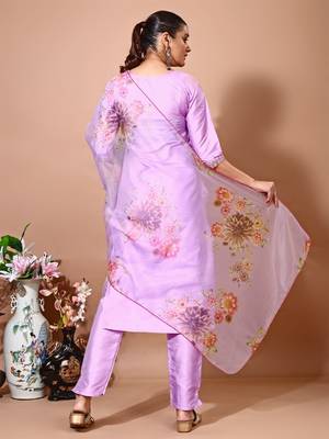 Levender color art silk blend embroidered kurti pant with orgenza digital print dupatta 2