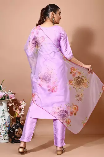 Levender color art silk blend embroidered kurti pant with orgenza digital print dupatta