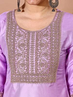 Levender color art silk blend embroidered kurti pant with orgenza digital print dupatta 4