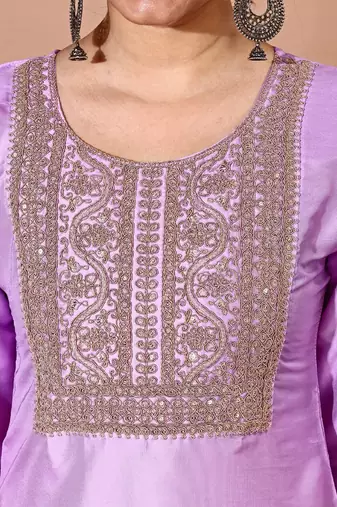 Levender color art silk blend embroidered kurti pant with orgenza digital print dupatta