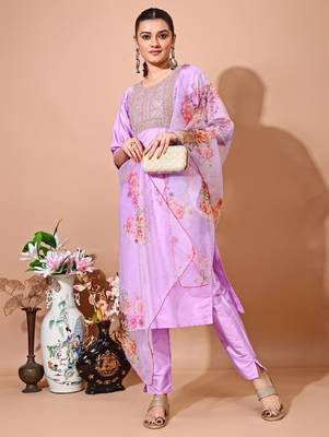 Levender color art silk blend embroidered kurti pant with orgenza digital print dupatta 5