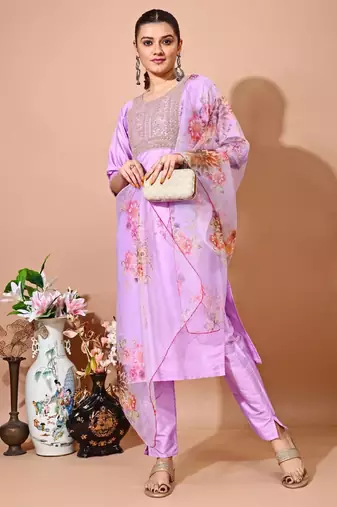 Levender color art silk blend embroidered kurti pant with orgenza digital print dupatta