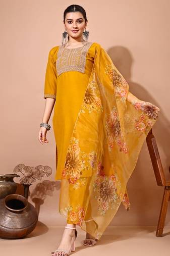 Musturd color art silk embroidered kurti pant with orgenza digital print dupatta
