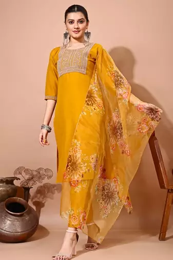 Musturd color art silk embroidered kurti pant with orgenza digital print dupatta