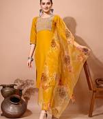 Musturd color art silk embroidered kurti pant with orgenza digital print dupatta