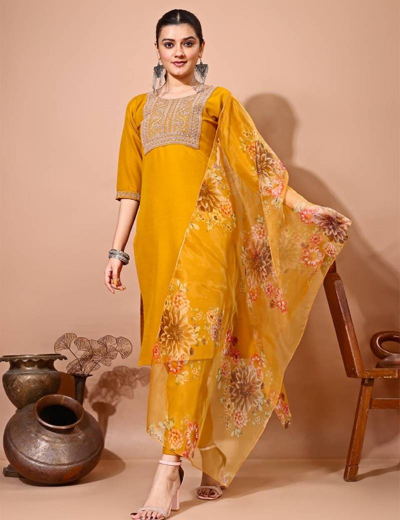 Musturd color art silk embroidered kurti pant with orgenza digital print dupatta